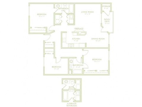 Floor plan for 3 beds, 2 baths, 1274 sqft